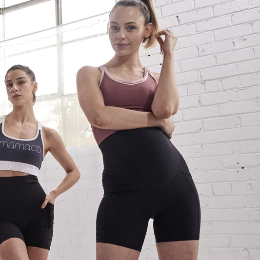 A collage of images showing a woman in comfortable nursing wear, a happy baby at a birthday party, and a woman doing a home workout in supportive leggings.